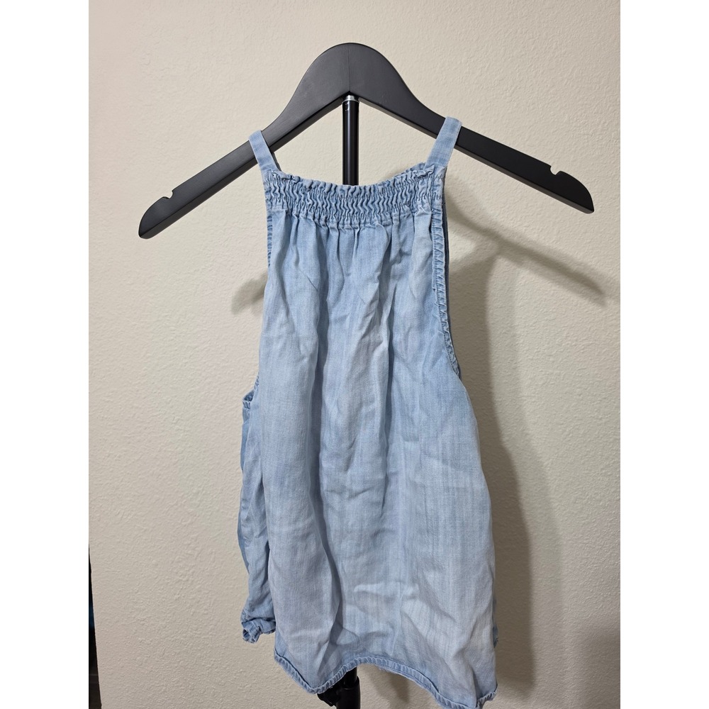 Light Wash Chambray Halter Top Smocked High Neck Sleeveless Denim Blouse Blue